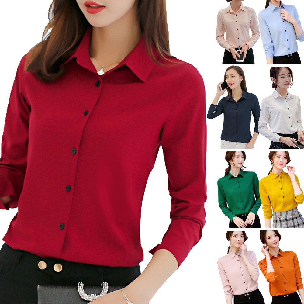Women's Long Sleeved Blouses Female Solid Blouse Office Ladies OL Work