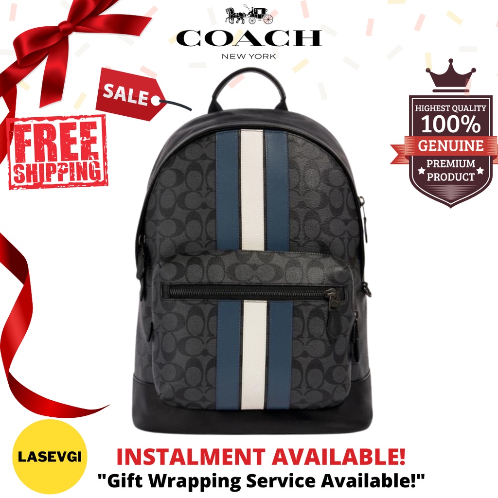💯original🔥COACH Men West Backpack in Signature Canvas Varsity Stripe