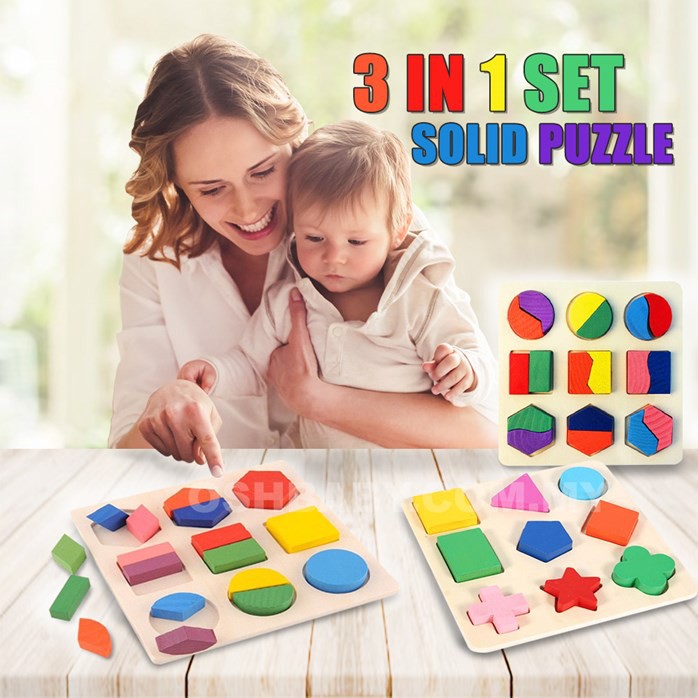 MALAYSIA O PUZZLE KAYU TAHAN LASAK / PUZZLE BENTUK / 3 IN 1 SET SOLID