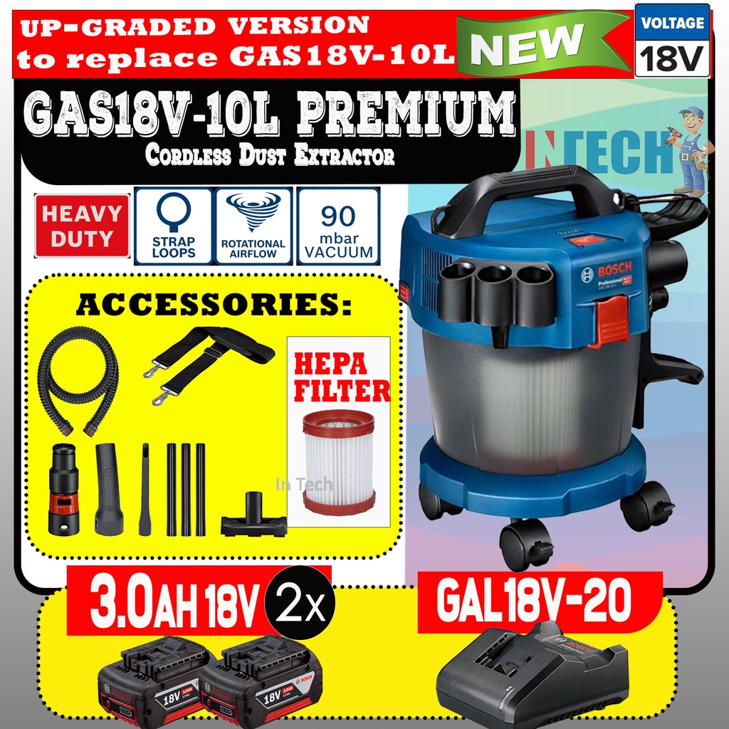 BOSCH GAS18V10L PREMIUM CORDLESS DUST EXTRACTOR WET&DRY VACUUM CLEANER (GAL18V20 & 2x 18V 3