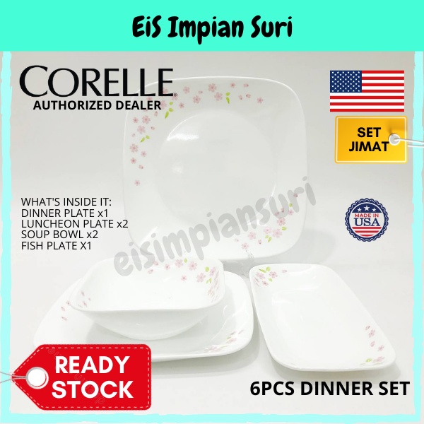 (Ready Stock!!) Corelle Sakura 6pc Set Square Dinnerware Set Jimat (6SQ