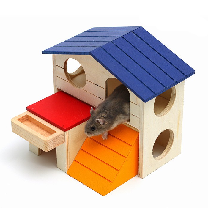 Wooden Hamster Toys Blue Top Villa Hamster Chalet Small Pet Toys Molar