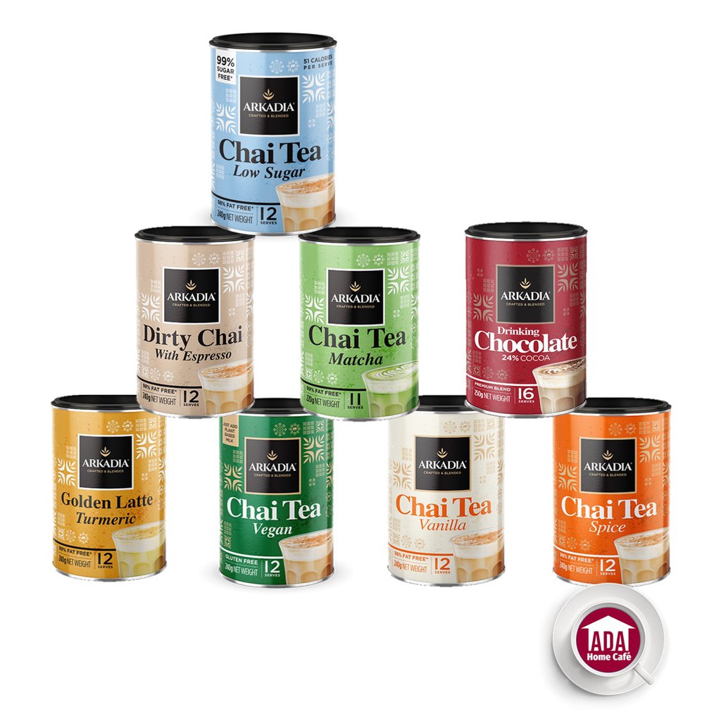 Arkadia Chai Tea Low Sugar Chocolate Vegan Vanilla Espresso Matcha