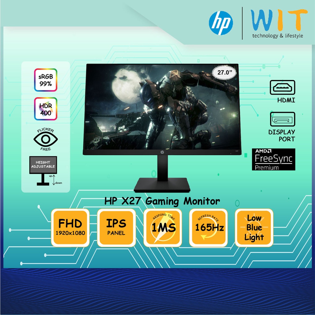 HP X27 Gaming Monitor 27.0" / 1ms /165Hz/FHD/IPS Panel/HDMI/DP/High