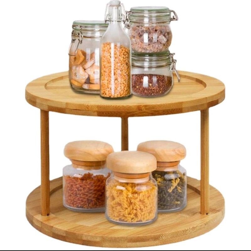 Bamboo Lazy Susan 2 Tier Turnable Rotate Wood Tray Storage Rack Kitchen