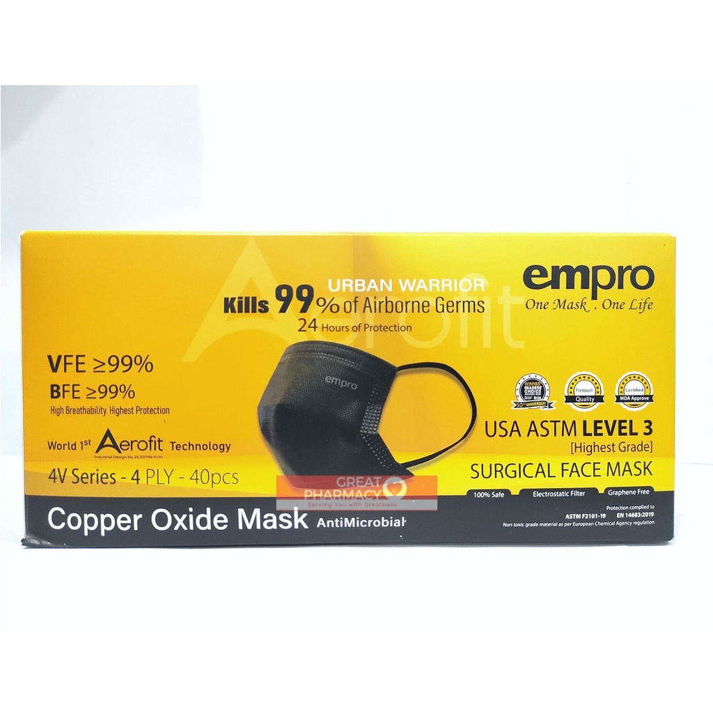 Empro 4VSeries Copper Oxide 4PLY Surgical Face Mask 40s Black (Exp10