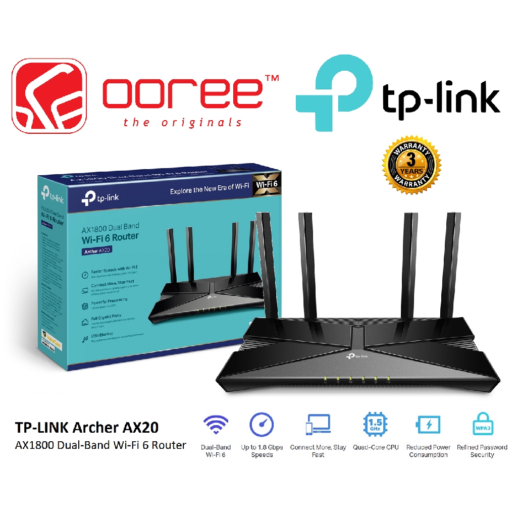 TPLINK ARCHER AX20 AX1800 DUALBAND WIFI 6 ROUTER WITH 1.5 GHz QUAD