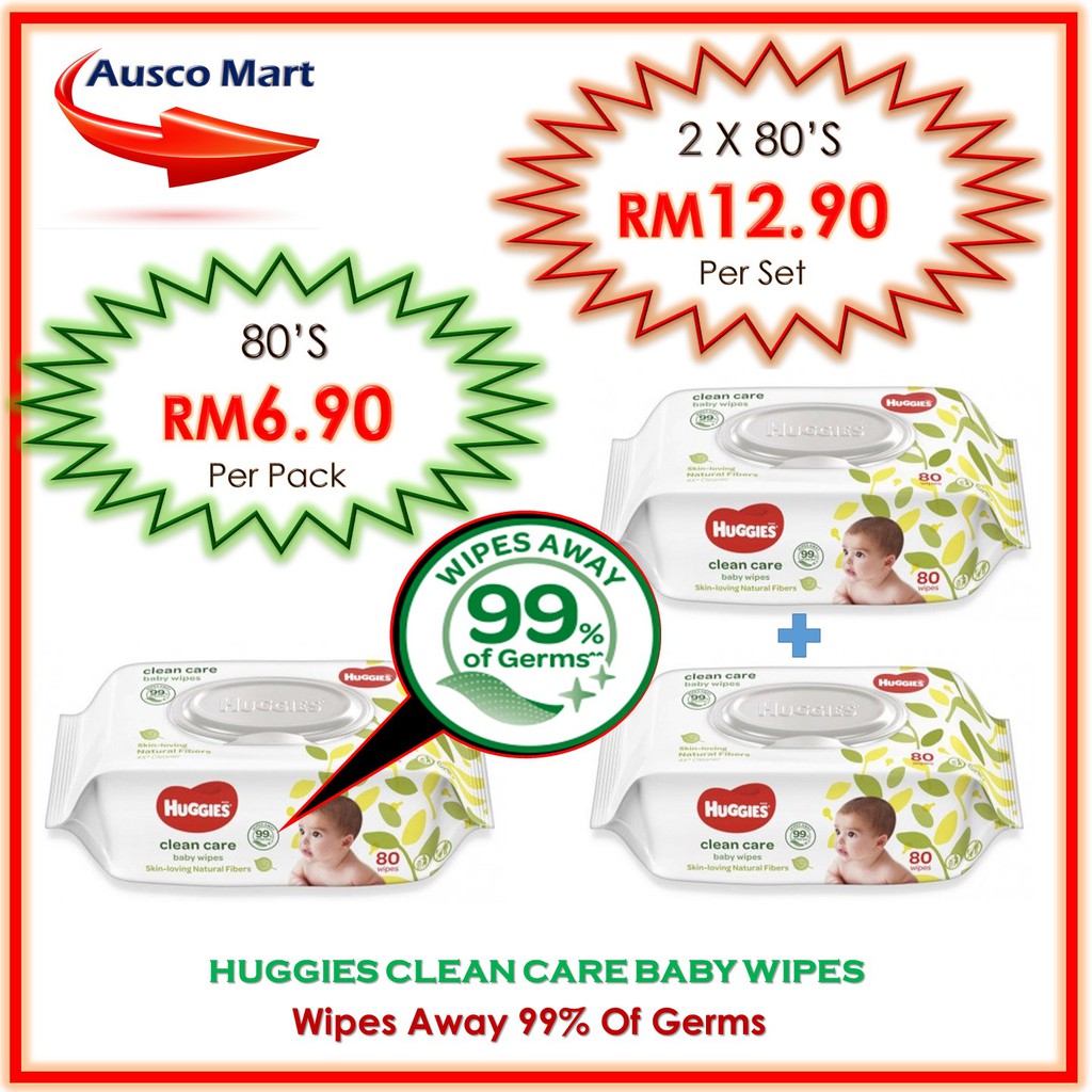 HUGGIES CLEAN CARE BABY WIPES (80's Or 2x80's) WIPES AWAY 99 OF GERM
