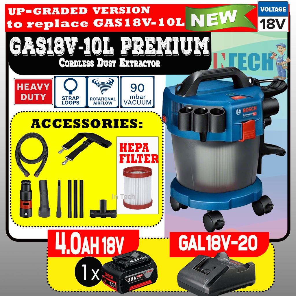 BOSCH GAS18V10L PREMIUM CORDLESS WET&DRY VACUUM CLEANER C/W (GAL18V20
