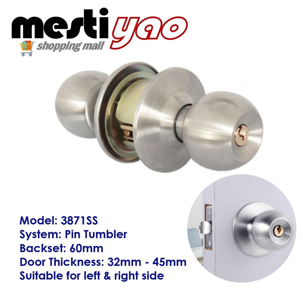 Cylindrical Door Lock 3871SS Round Ball Door Knob Set Pintu Tombol Lock