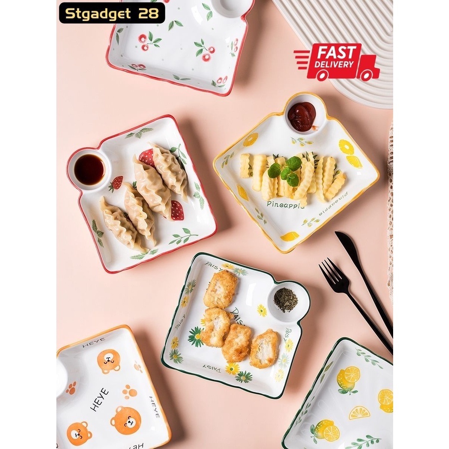 Ceramic Dumpling Plate with Sauce Compartment, Serving Plate with Sauce