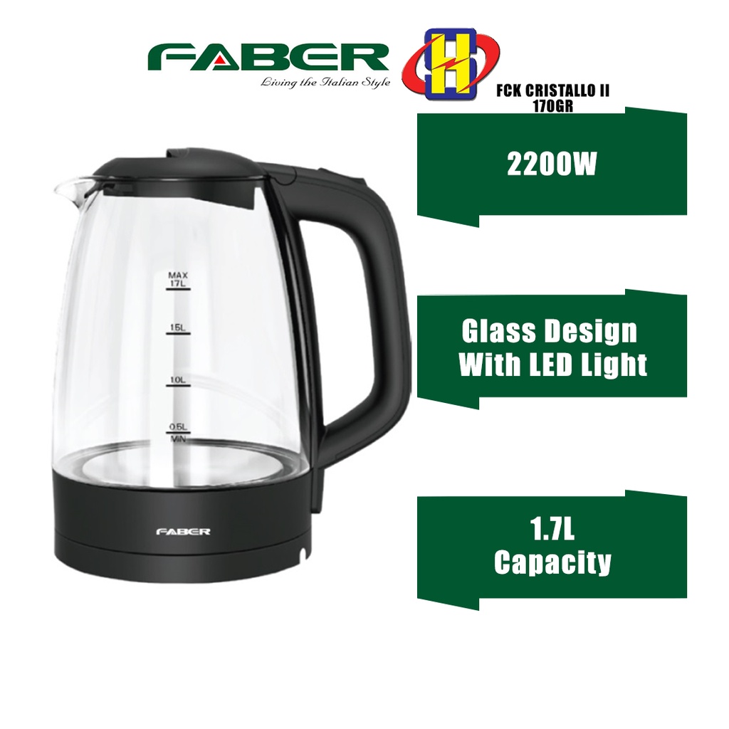 Faber Electric Kettle (1.7L/2200W) Automatic LidOpening Function Glass