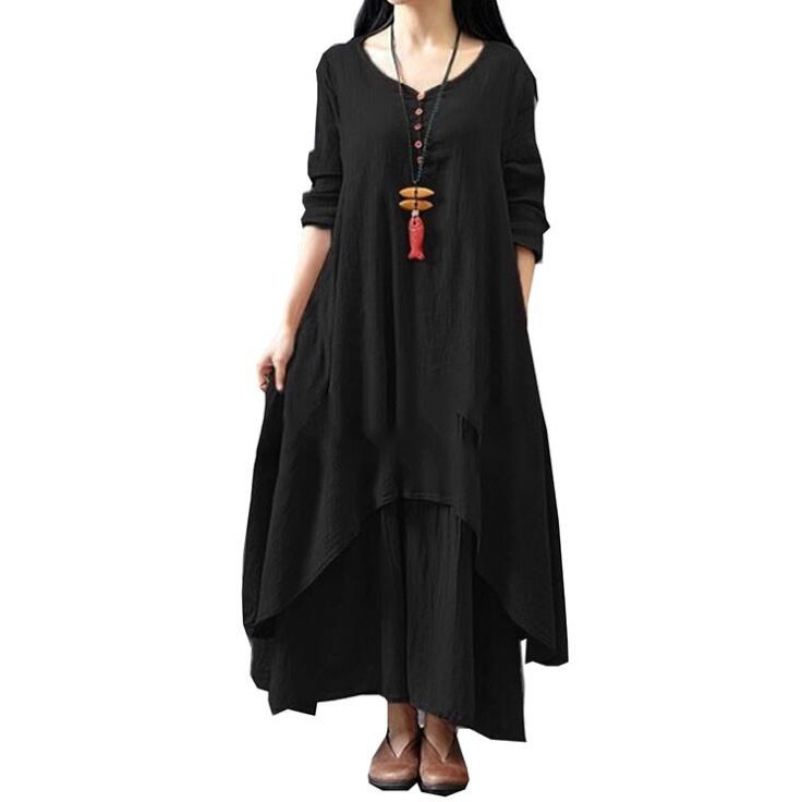 Women Loose Dress Plus Size Long Sleeve Jubah Robe Linen Beach Long