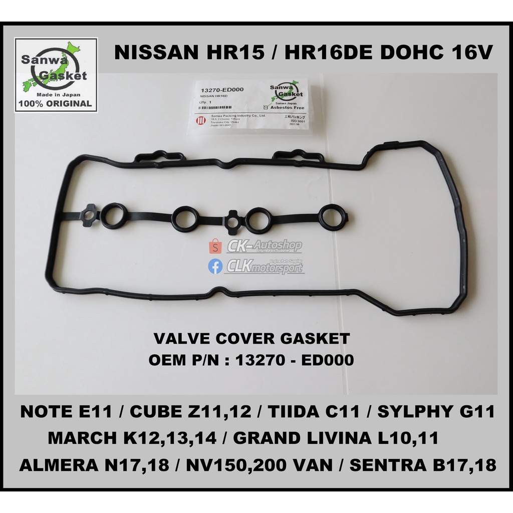 Nissan Valve Cover Gasket HR15DE HR16DE SANWA Japan OEM P/N 13270