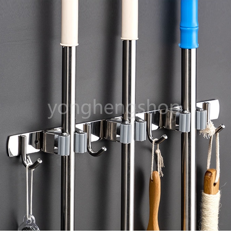 Stainless Steel Broom Holder Wall Mount Clip Laundry Room Mop Organizer