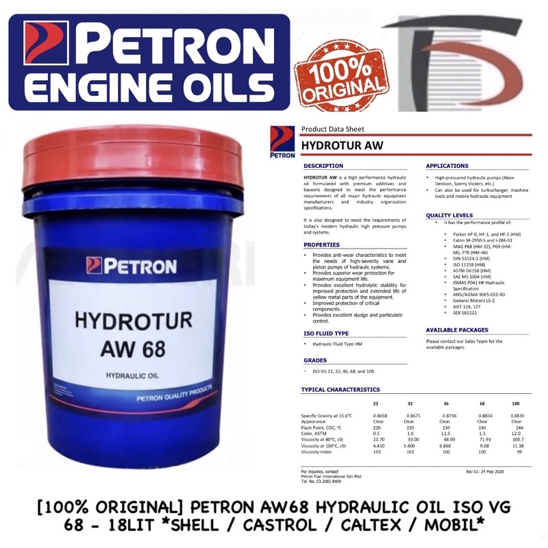 [100 ORIGINAL] PETRON HYDROTUR AW 68 HYDRAULIC OIL , 18L Shopee Malaysia