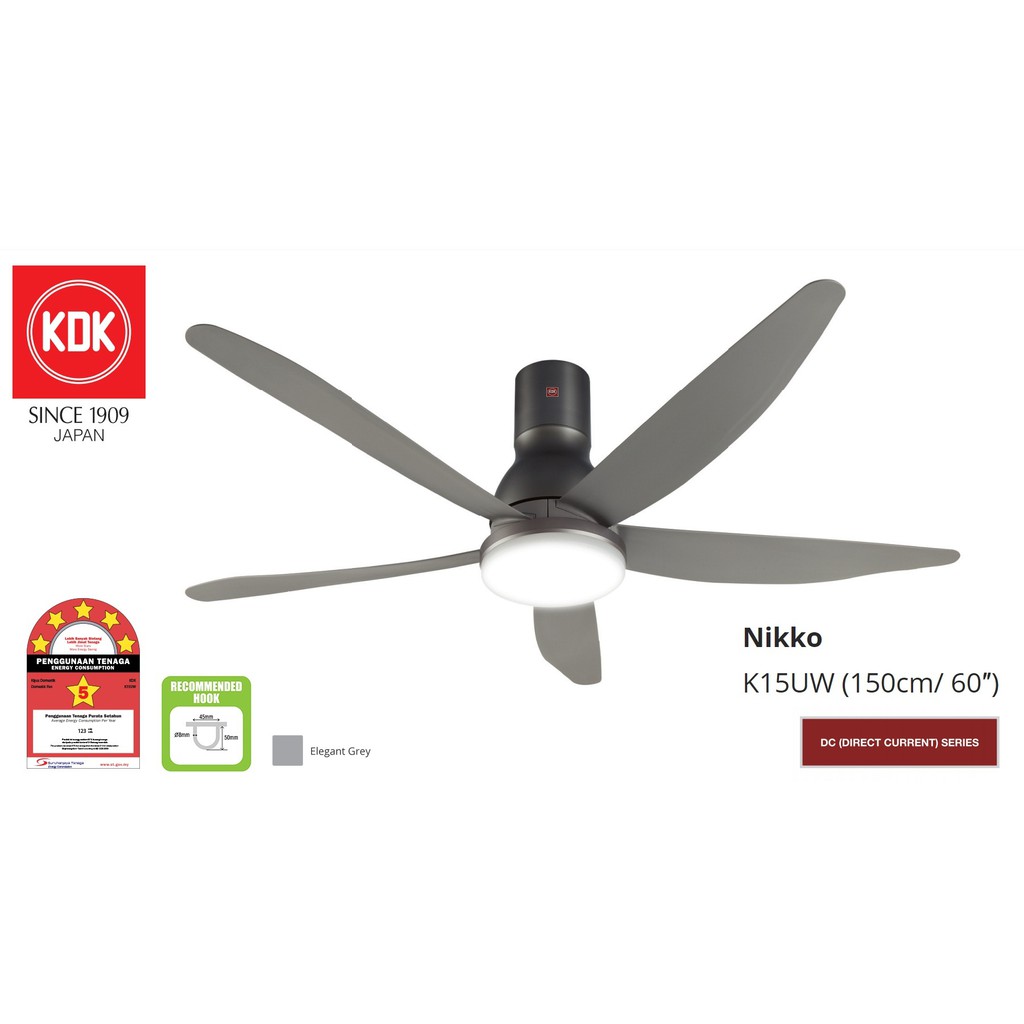 KDK Ceiling Fan Nikko DC Motor LED K15UW (Grey) / Kipas Siling Shopee