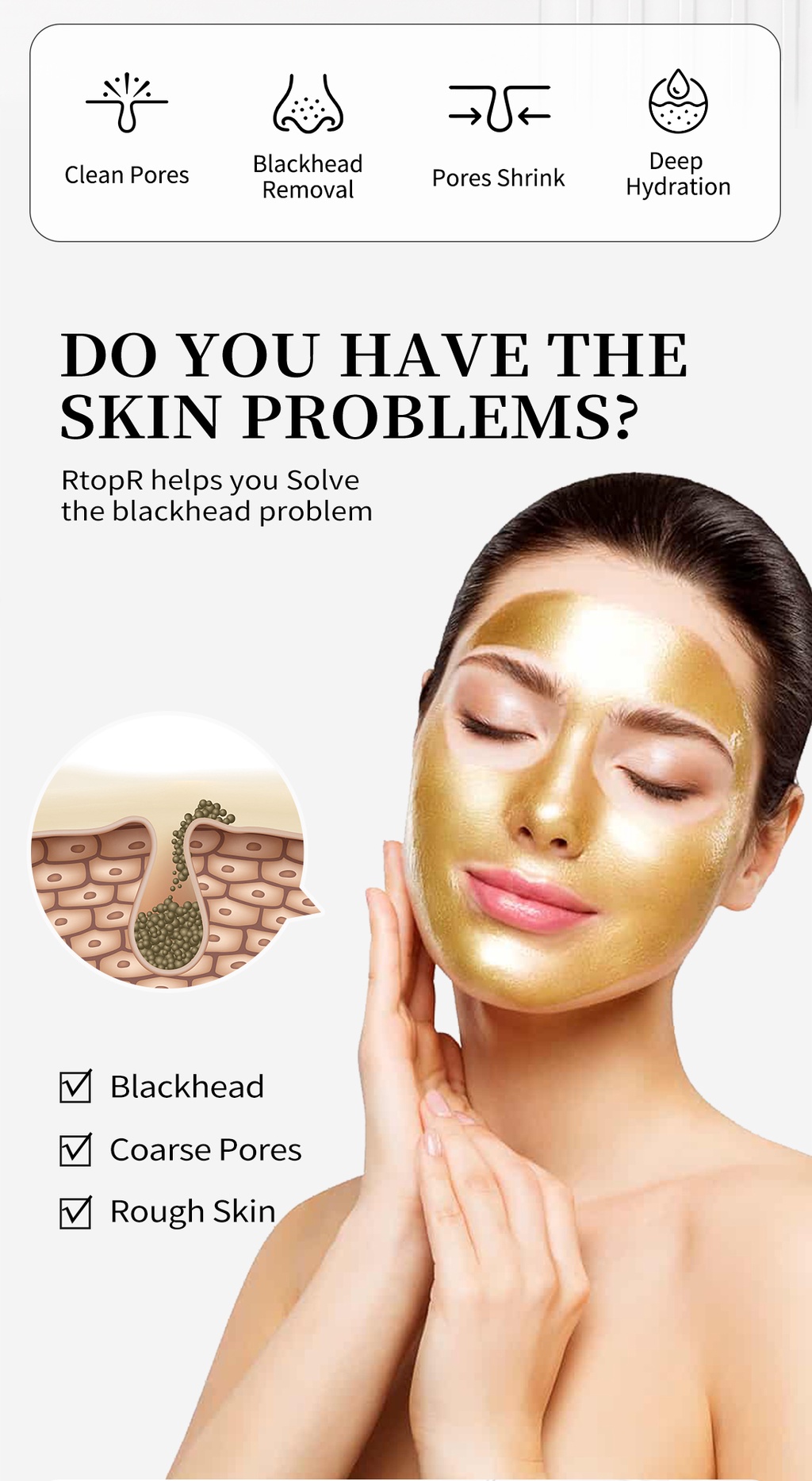 RtopR Gold Blackhead Removal Mask Treats Blackheads and Whiteheads Pore