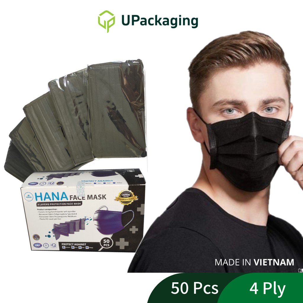 HANA BLACK 50 Pcs 4 Ply Medical Mask Anti Bacterial Disposable Mask 4