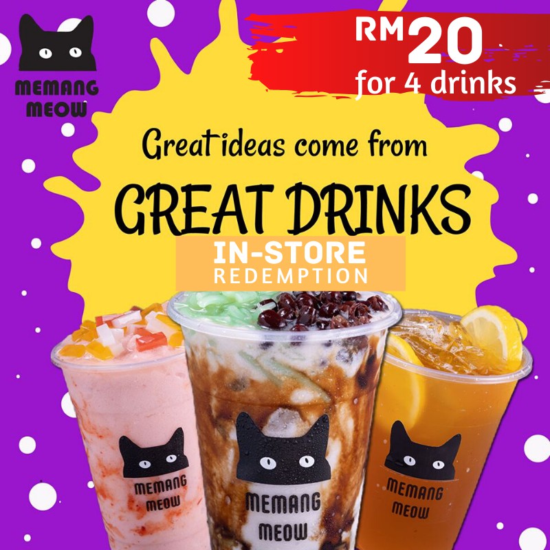 Memang Meow RM20 Cash Voucher for 4 Regular drinks Milk Tea, Boba Tea