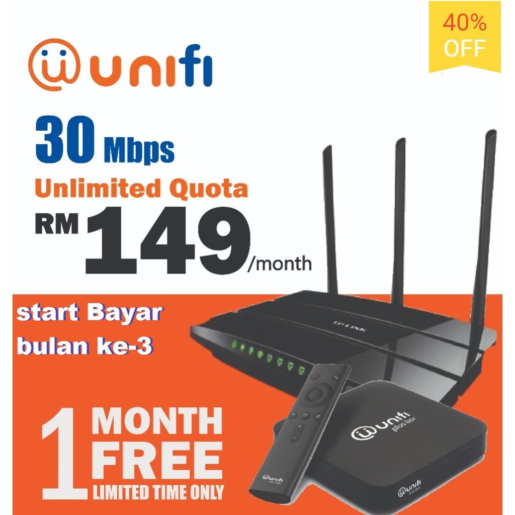 Unifi HOME FIBRE 30mbps START BAYAR BULAN Ke3 [TV BOX PLAN] (30Days