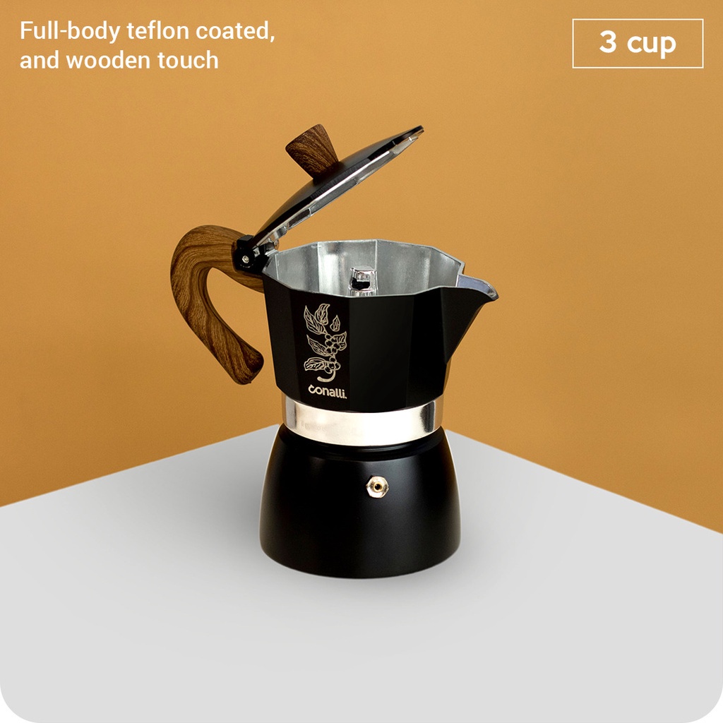 Mocapot 150ml Conalli Moka Pot Coffee Maker Wood Handle 3 Cup Black