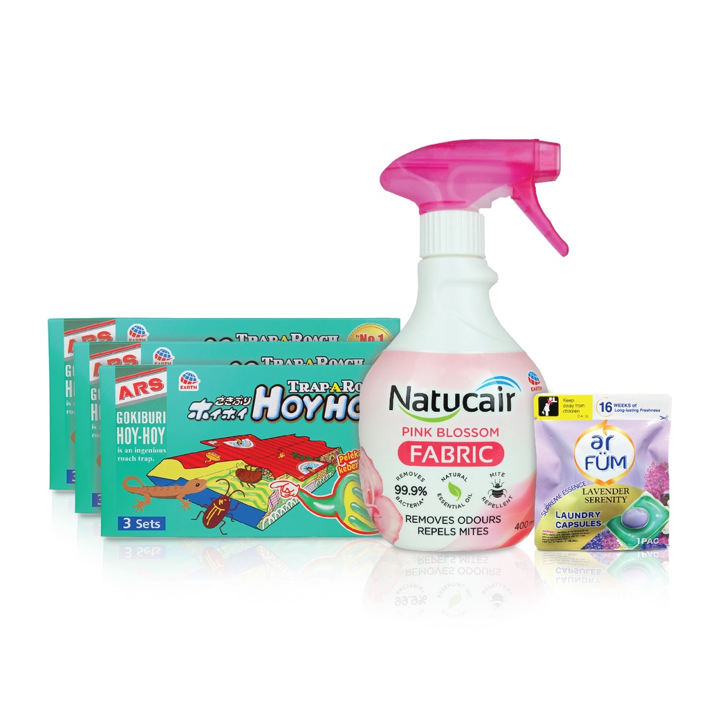 Natucair Fabric Spray Pink Blossom 400ml + (3) ARS HoyHoy Cockroach Trap +FREE ar FUM Lavender