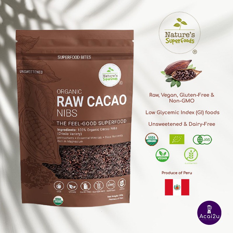 Nature's Superfoods Organic Raw Cacao Nibs, 250g/ 500g Resealable Pack