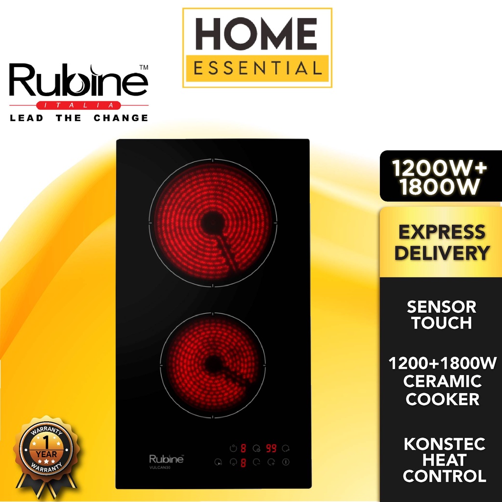 Rubine 1200+1800W VitroCeramic Glass Cooker RCHVULCAN30BL SENZ BuiltIn Vertical Double