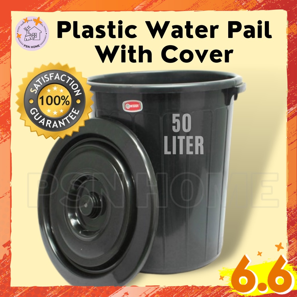 50 Liter Plastic Pail Water Tub With Cover / Black Pail / Tong Sampah