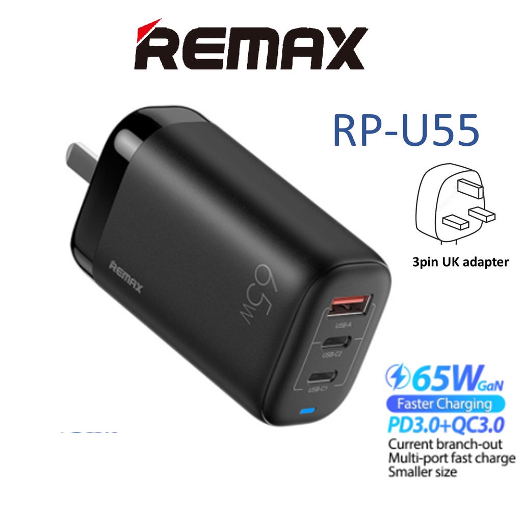 REMAX RPU55 65W Dual PD TypeC + QC USB 3 Tri Triple Port GaN Fast