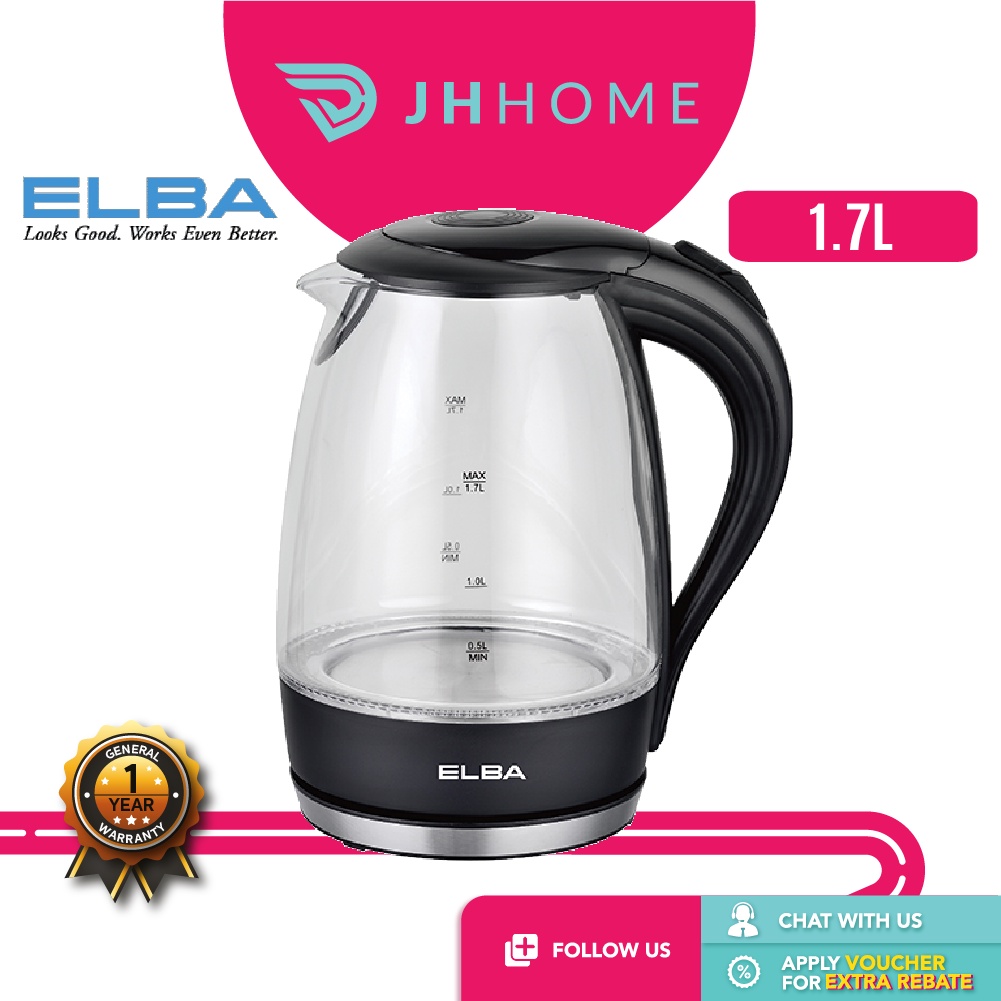 Elba Glass Jug Kettle With Blue Led Light (1.7 L) EjkF1723G(Bk