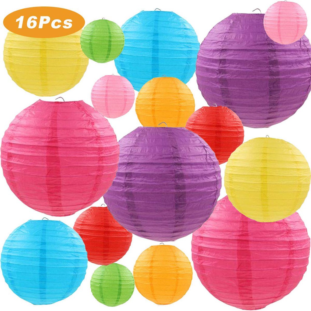 16PCS Colorful Paper Lanterns Chinese Paper Hanging Decorations Balls Paper Hanging Decorations