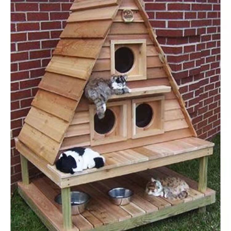 Outdoor Cat House Rainproof Solid Wood Pet Kitten Wooden House Patio