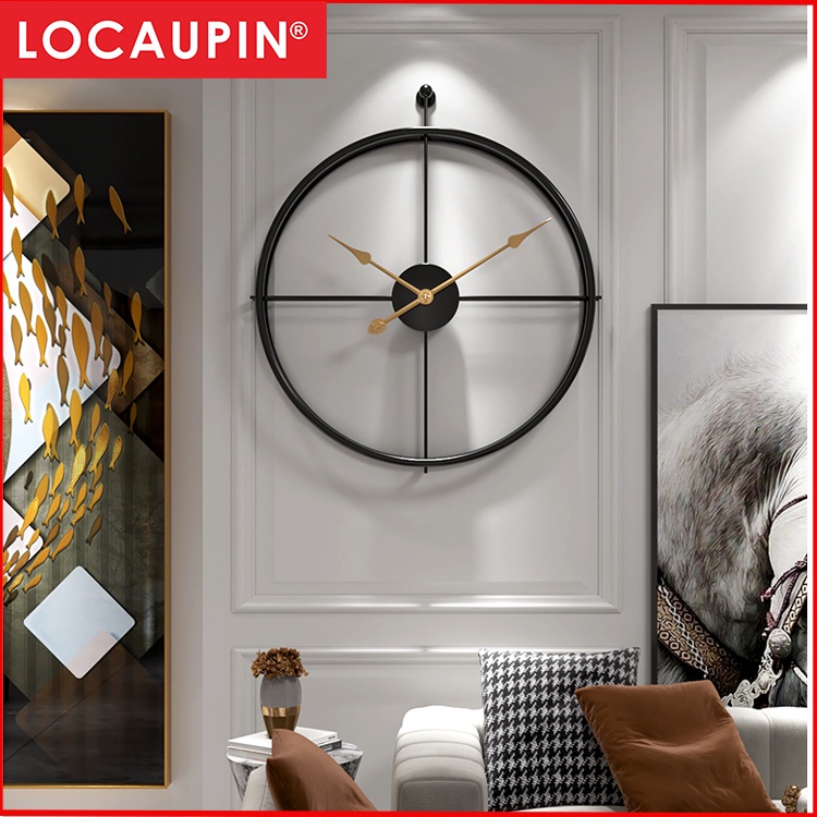 Locaupin Large Wall Clock Black Metal Battery Operated Wall Clock, Silent Clock Modern Home
