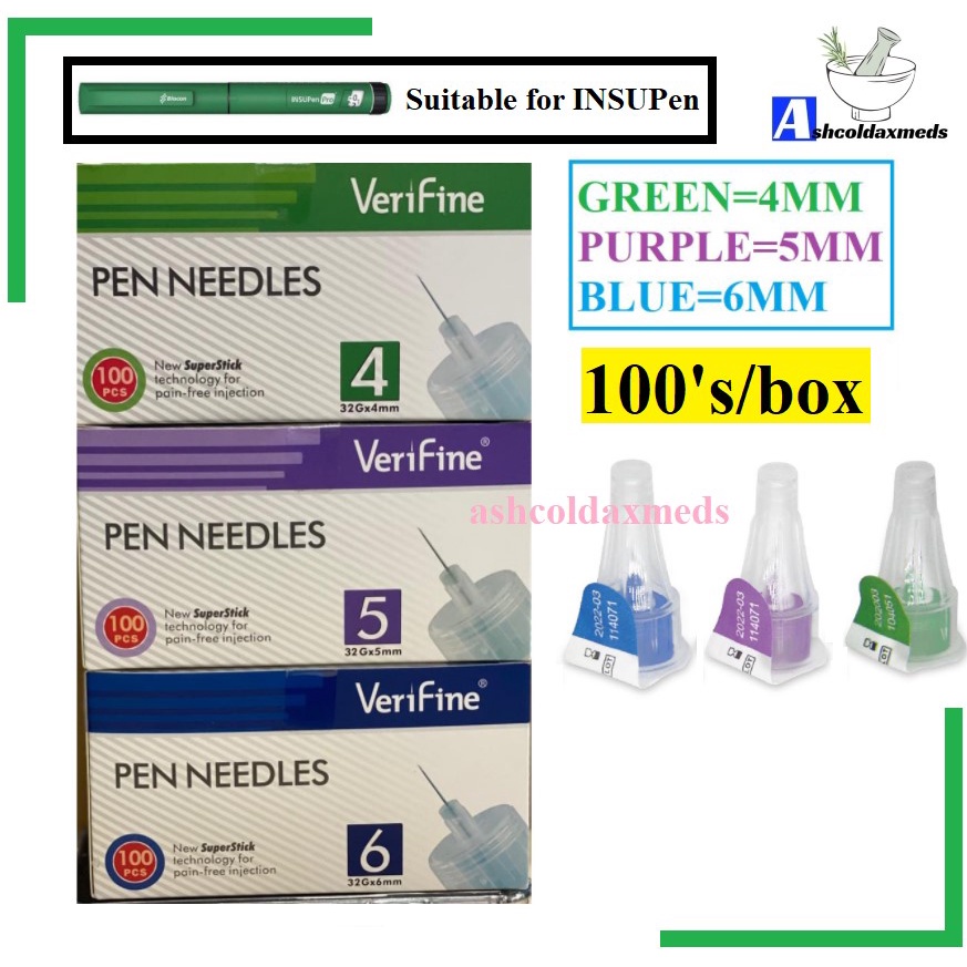 VERIFINE INSULIN PEN NEEDLES 100'S/BOX 4MM/5MM/6MM (Novofine/Bd Ultra