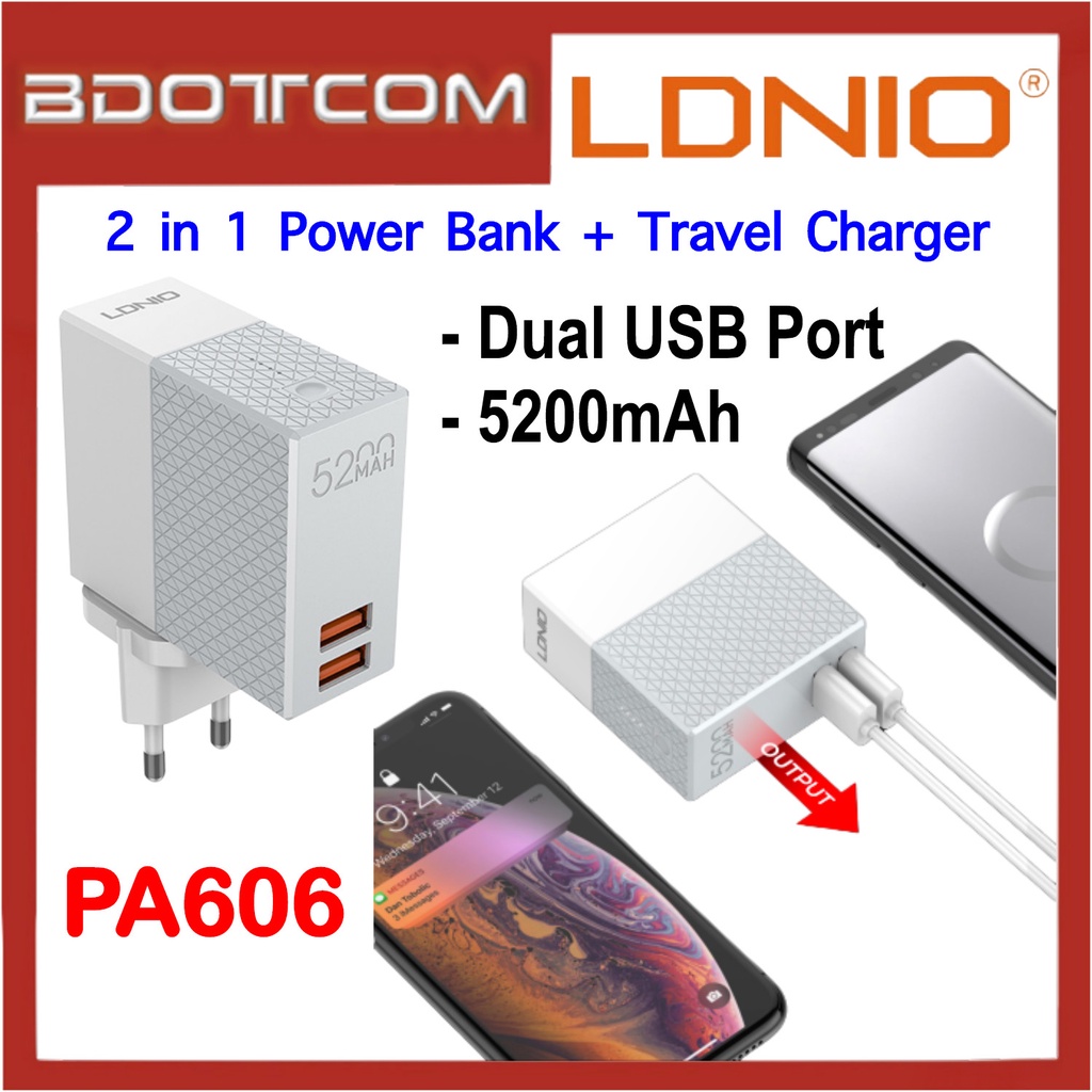 LDNIO PA606 2 in 1 5200mAh Power Bank + Dual USB Ports Travel Wall