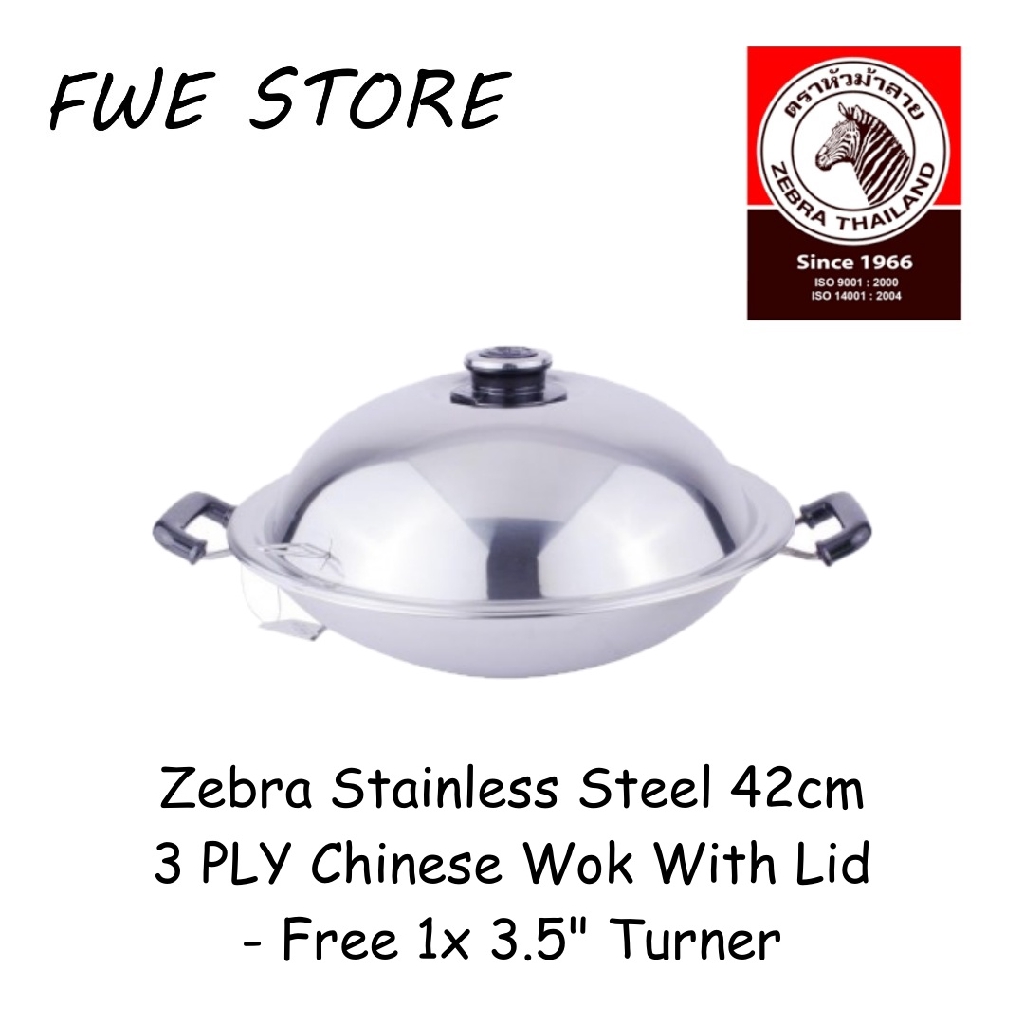 (100 Original) Zebra Thailand Stainless Steel 42cm 3 Ply Chinese Wok With Lid (Free Turner