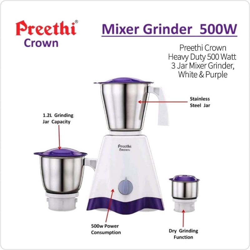 Preethi Crown Mixer Grinder Heavy Duty 500 Watt 3 Jar Mixer Grinder