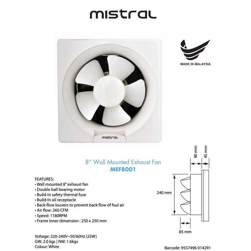 MISTRAL 8" WALL MOUNT EXHAUST FAN MEF801 (KILANG KHIND) (SIRIM