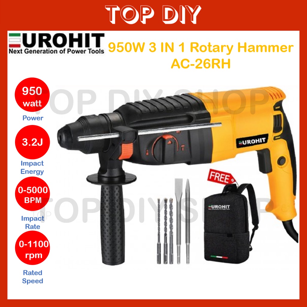 Eurohit 950W 3 IN 1 Rotary Hammer Drill Chiseling AC26RH 3 Functions