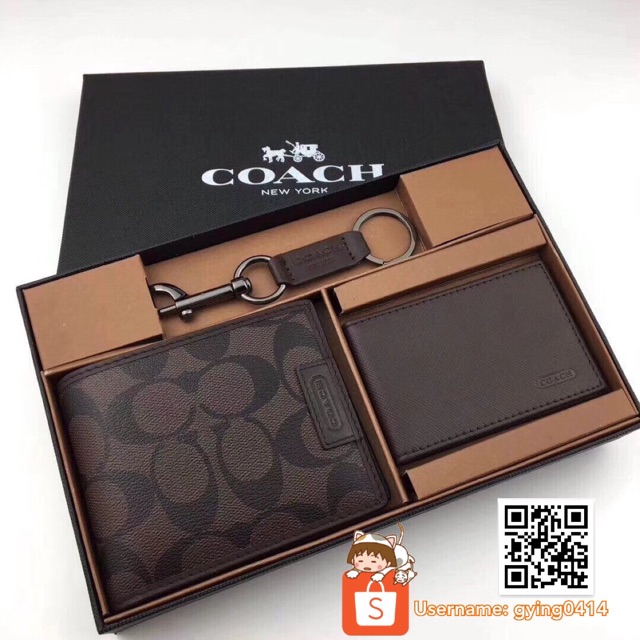 READY STOCK Coach Wallet Men Set Gift Brown Charles In Signature Dompet