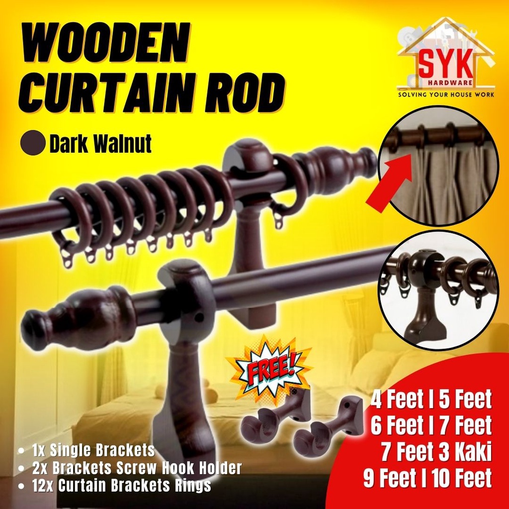 SYK Wooden Curtain Rod Dark Walnut Complete Set With Curtain Ring Curtain Rod Holder Accessories