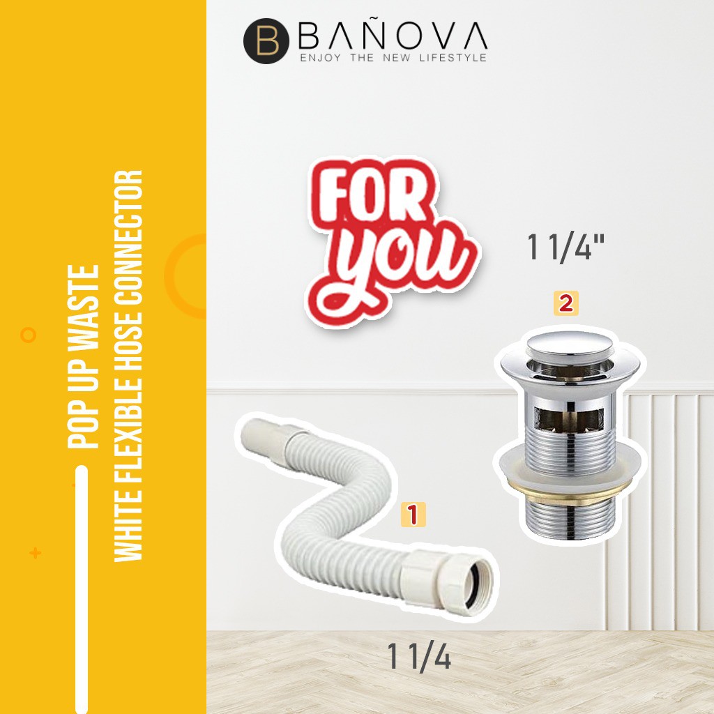 BANOVA Bathroom Sink Basin Pop Up Waste 1 1/4'' + PVC White Flexible