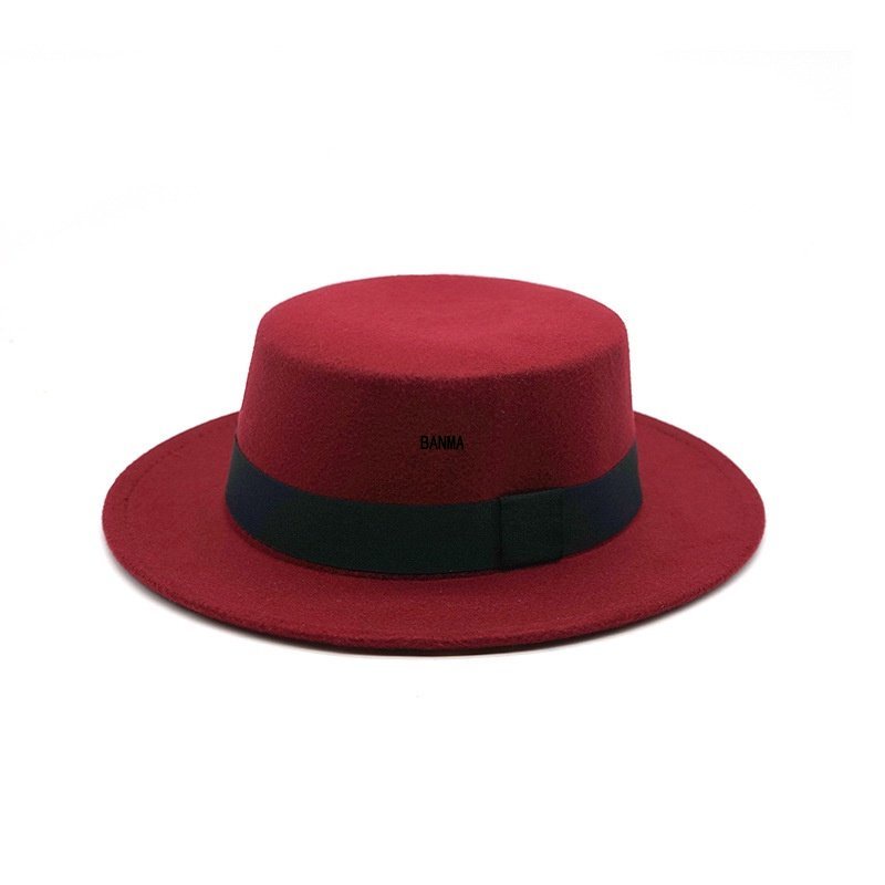 Retro British Style Black Ribbon Flat Top Hat Couple Women Big Flat