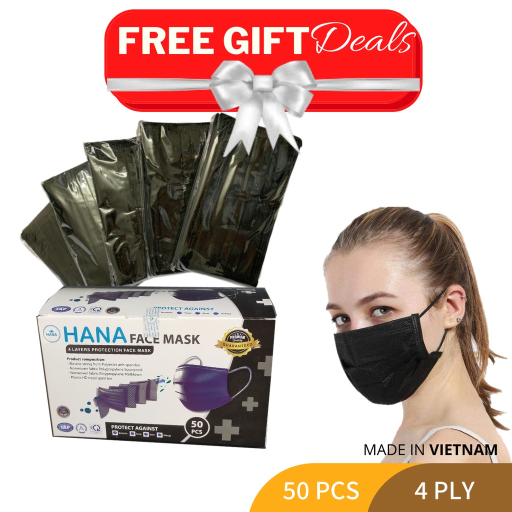 HANA BLACK [10/ 50 Pcs] 4 Ply Medical Mask Anti Bacterial Disposable