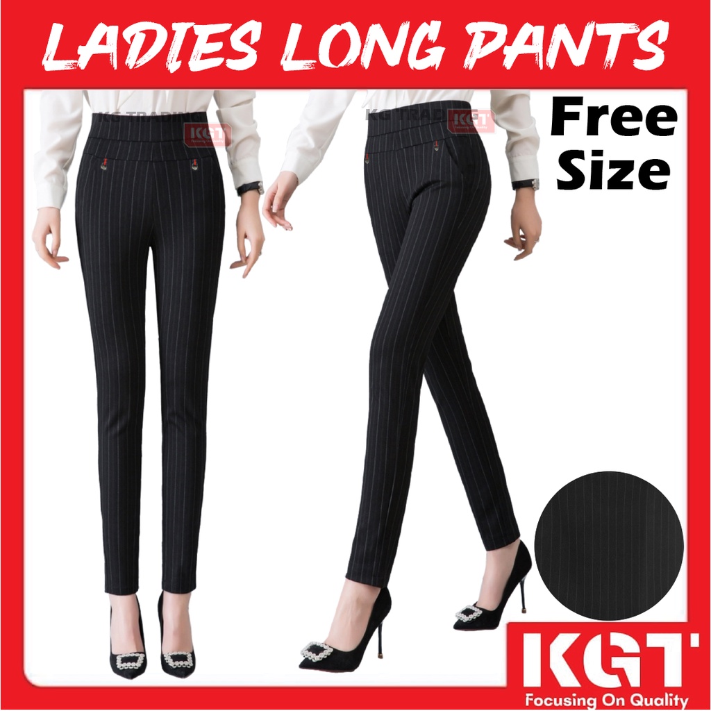 Ladies Long Pants Design Stripe Elastic Stretchable Seluar Panjang Wanita Jalur Free Size Ladies