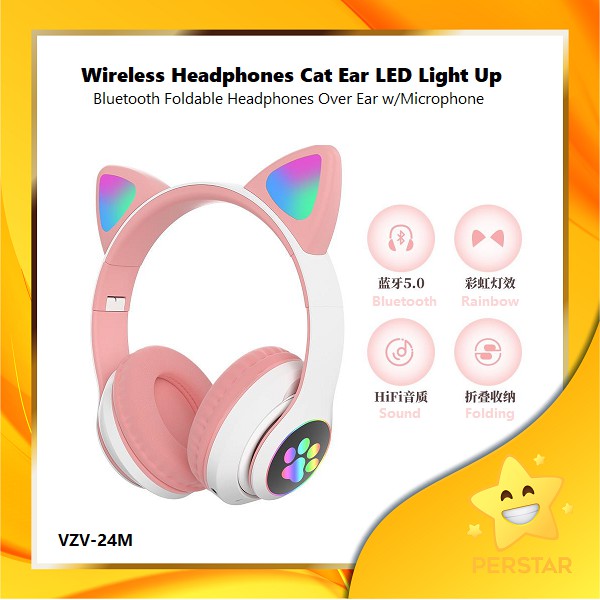 Wireless Headphones VZV24m Cat Ear LED Light Up Bluetooth Foldable Headphones Over Ear w