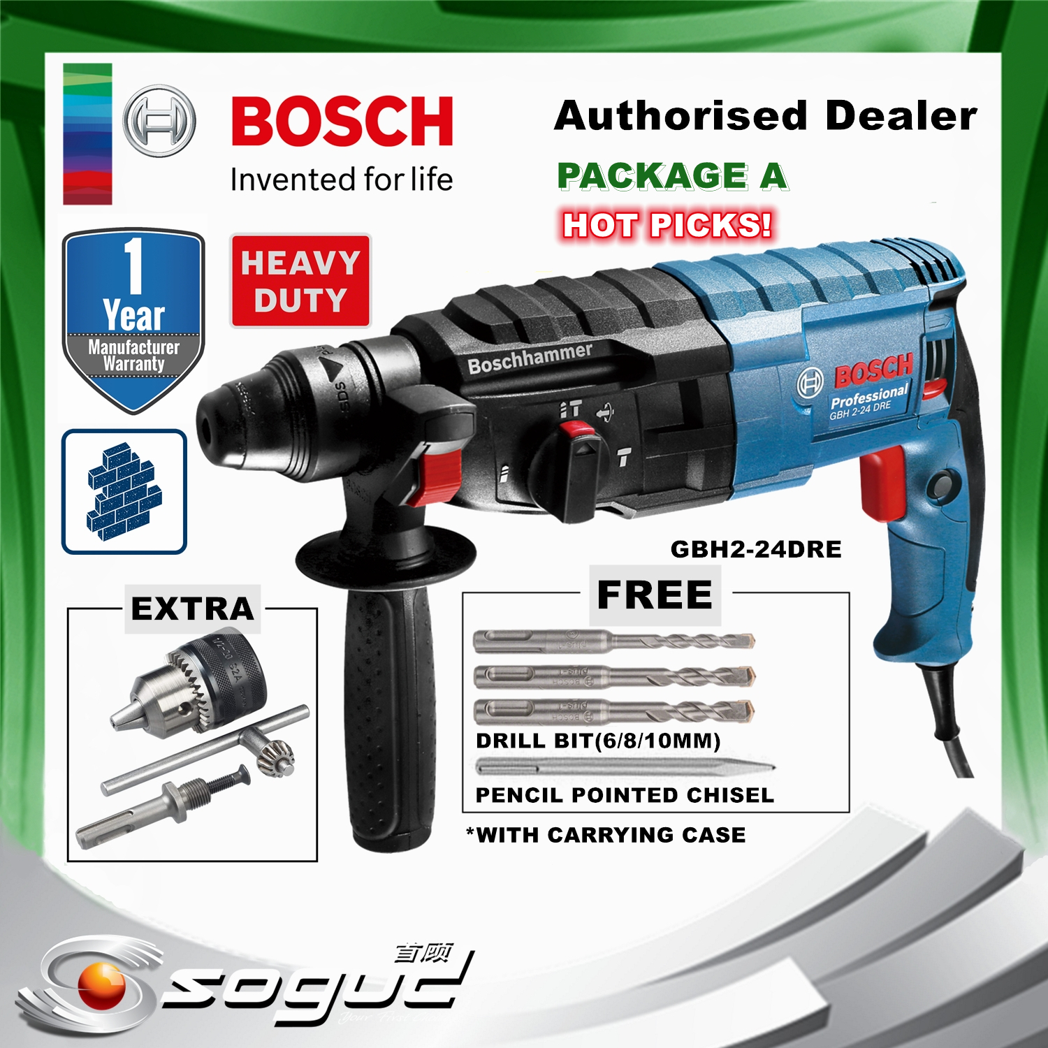 BOSCH GBH224DRE PROFESSIONAL ROTARY HAMMER DRILL WITH SDS PLUS(GBH 2