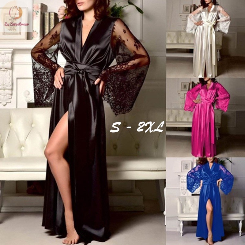 Summer Women Fashion Lace Stitching Long Bathrobes Nightgown Soft